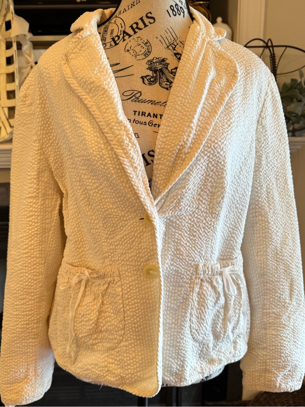 Vintage Cream Seersucker Blazer Cinch Bow Pockets Button Summer Blazer Striped